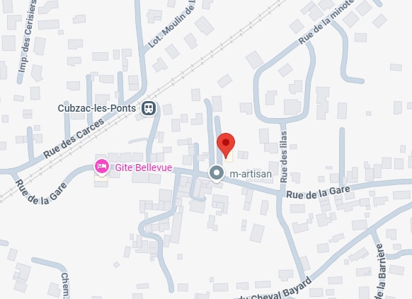 Plan de Cubzac-les-Ponts : m-artisan et Gite Bellevue Plan de Cubzac-les-Ponts avec marqueur sur m-artisan, proche du Gite Bellevue et de la Rue de la Gare.